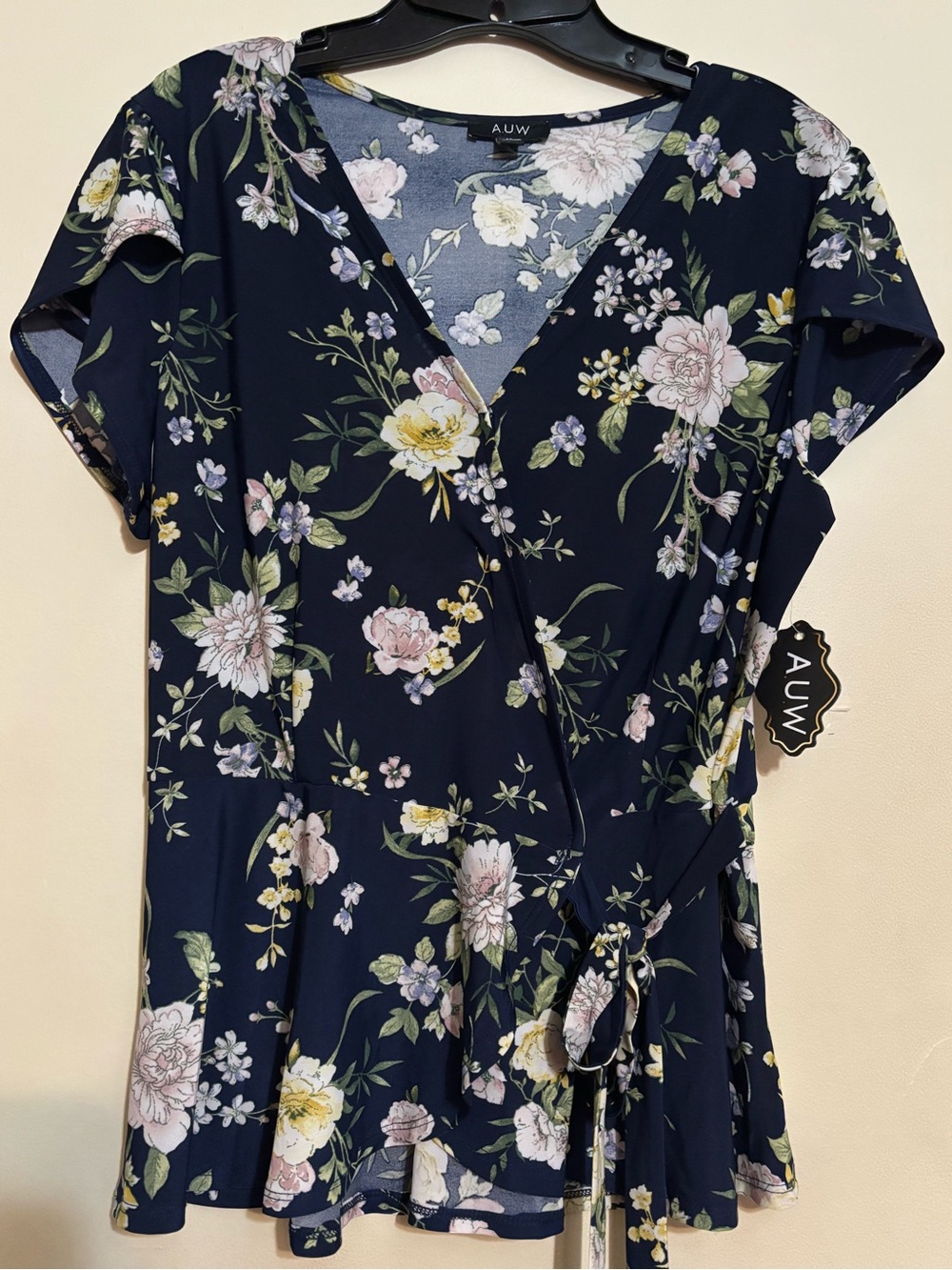 AUW Navy Blue Floral Scoop Neck Blouse